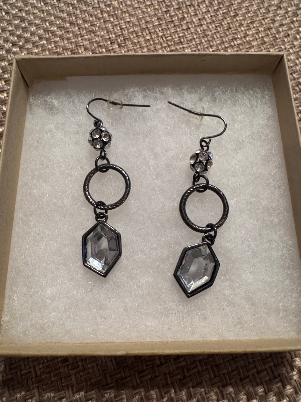 Crystal Drop Dangle Earrings - Clear Crystal on Gunmetal